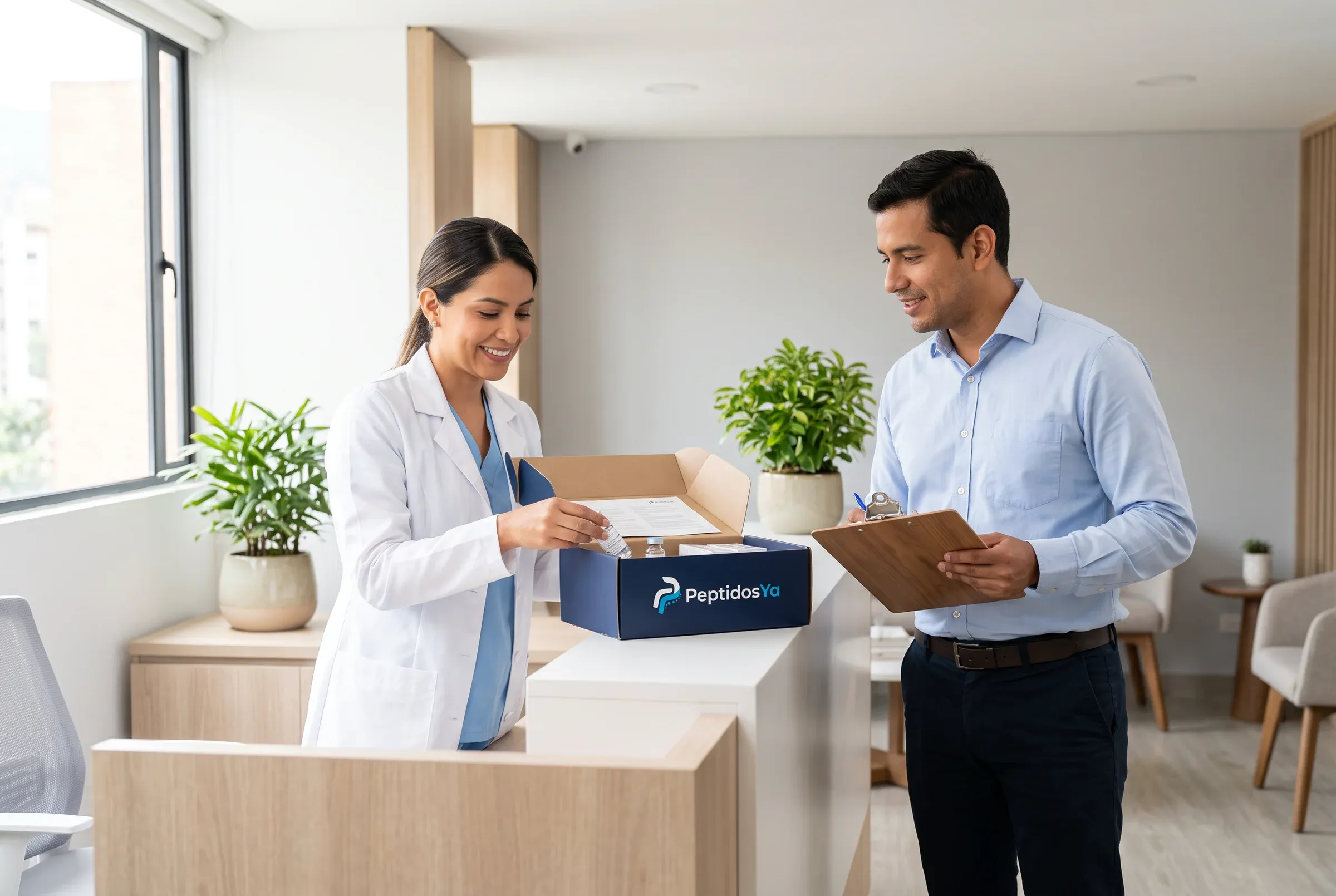 Personal clínico verificando una entrega de PeptidosYa