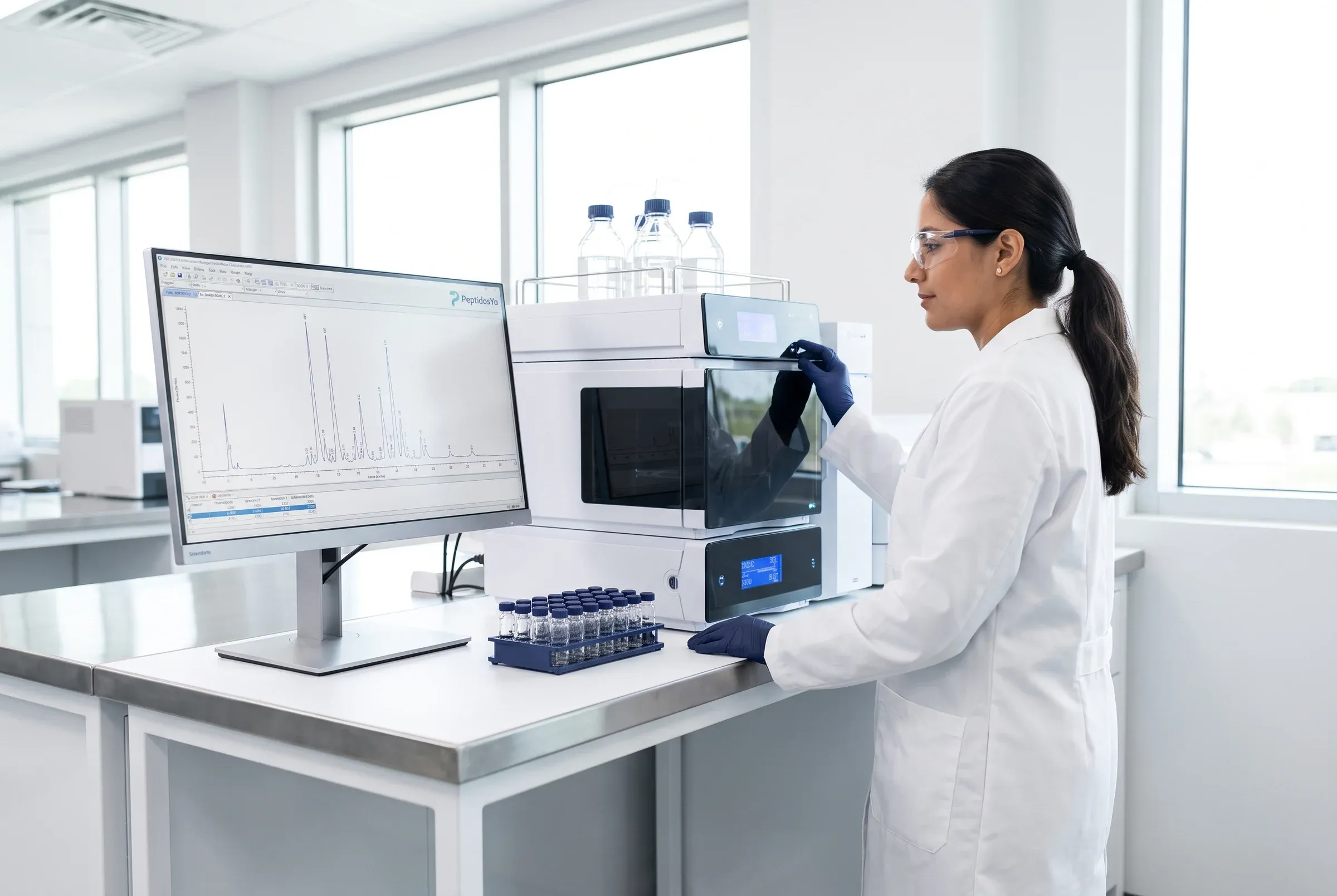 Analista revisando un cromatograma en un laboratorio de control de calidad